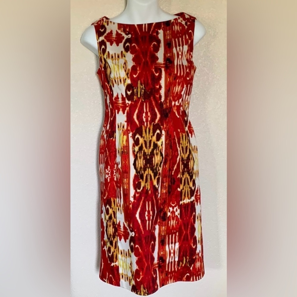 Jones New York dress Woman's, 4P Orange red print sheath, sleeveless, zip NWT - Picture 2 of 14